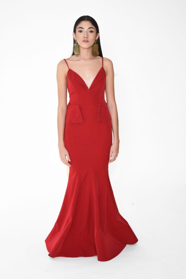 Helen Ruffle Embellished Gown in Red