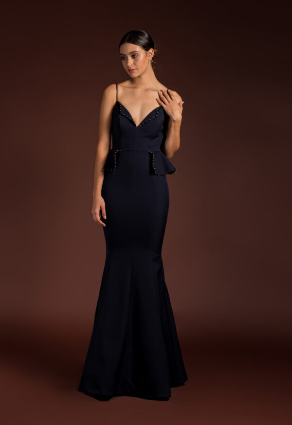 Helen Ruffle Embellished Gown in Navy