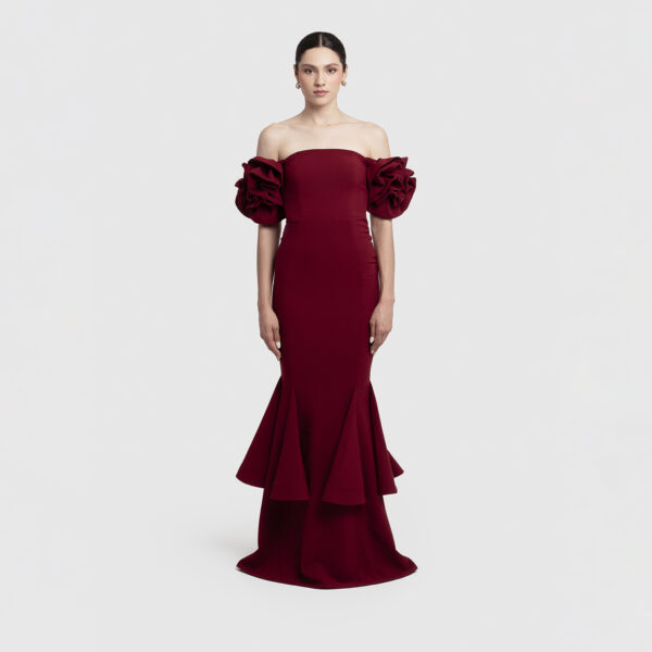 Ruffle Sleeves Gown in Burgundy