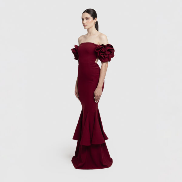 Ruffle Sleeves Gown in Burgundy - Imagen 2